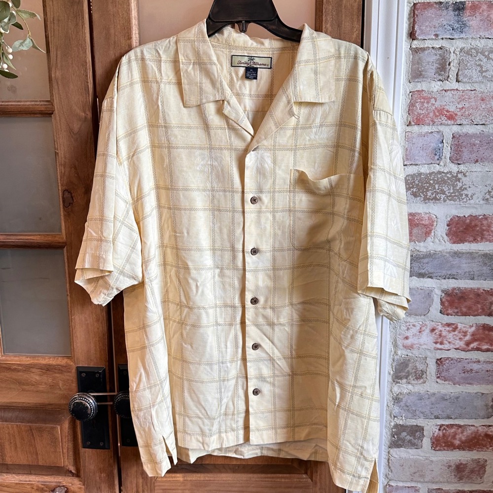 Tommy Bahama Silk Camp Shirt Mens XL Yellow Plaid Palm Tree Jacquard Hawaiian